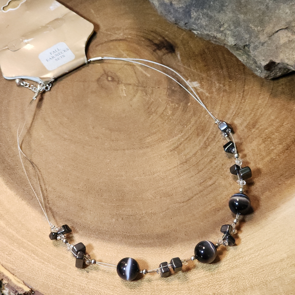 Vintage Massini Black and Silver Toned Glass Beaded Necklace